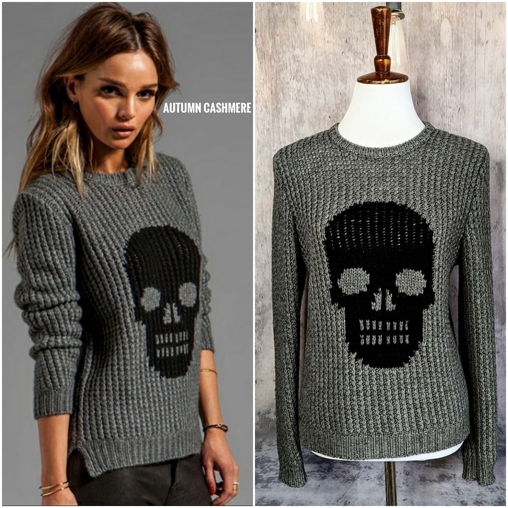 Autumn Cashmere handknit Skull crew pullover sweater, flannel gray, size Medium